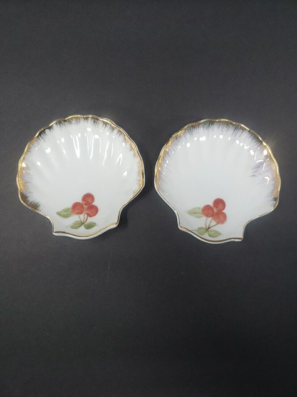 Seashell Shaped Dish Gold Trim Fruit Cherries Anne Kreinik Vintage Set of Two